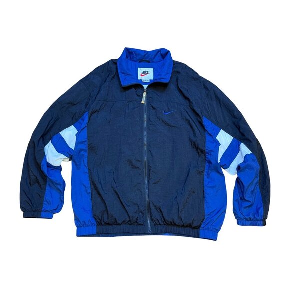 Vintage 90s Nike Windbreaker Jacket Black & Blue Colorblock Center Swoosh XL - Picture 1 of 10